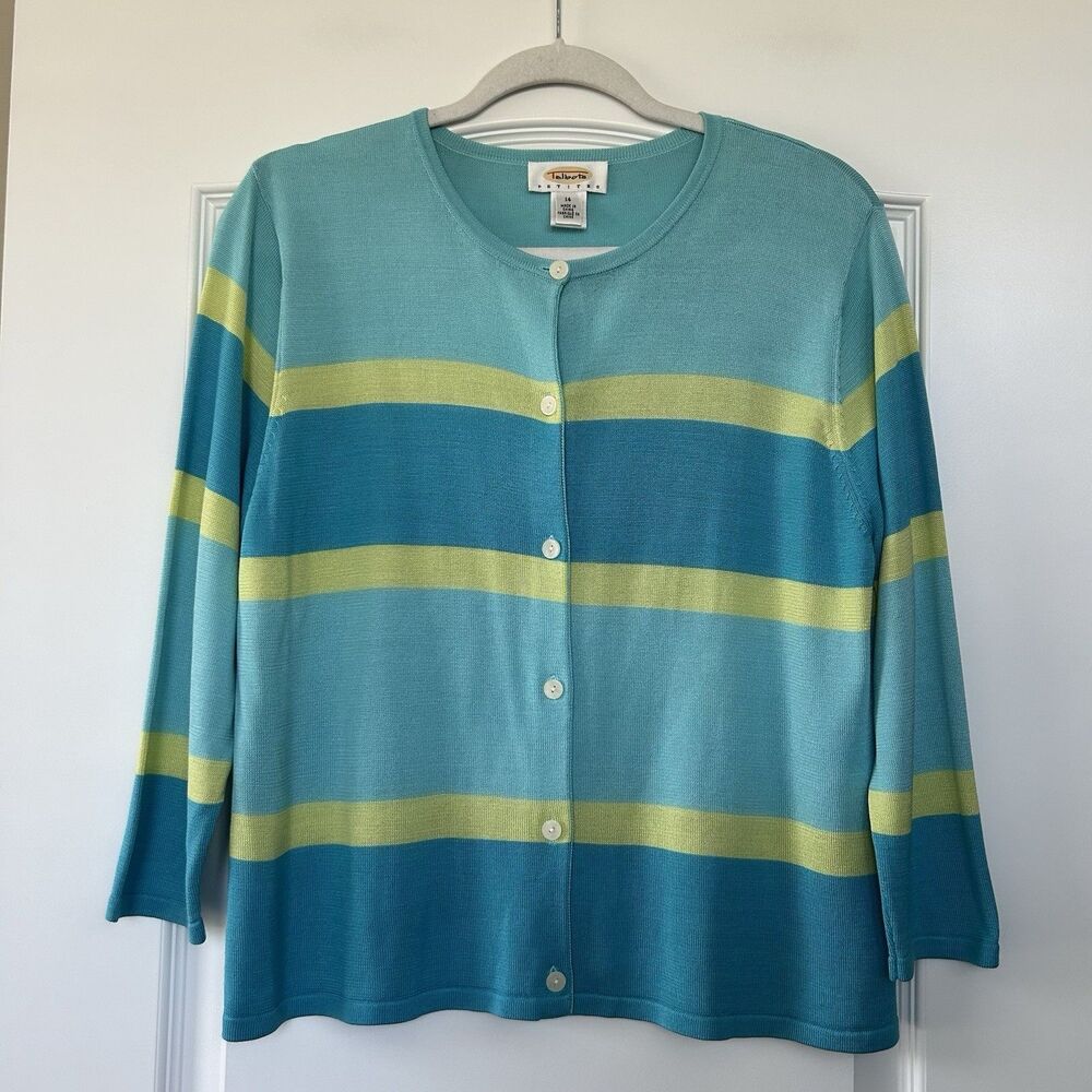 Vtg Talbots Silk Cardigan Button Up Sweater Sz 14 Petite Blue Stripe 3/4 Sleeve